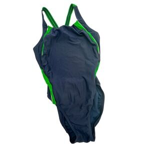 Speedo PowerFLEX Eco Womens Flyback One Piece Swimsuit Navy Green Size 12/38